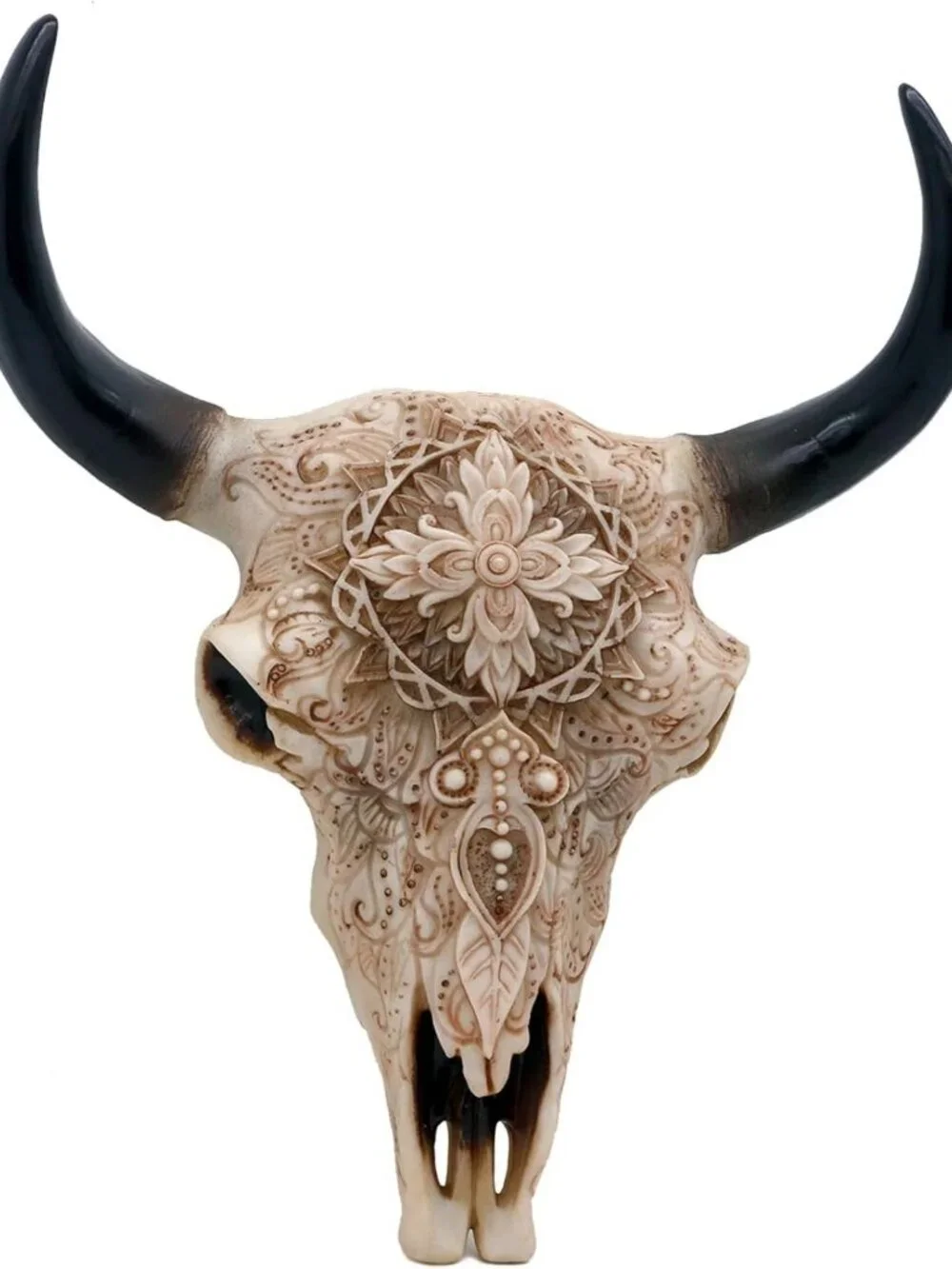 Boho Cow Skull Wall Decor - 9.3” Faux Bull Skull Resin Ornament for Western